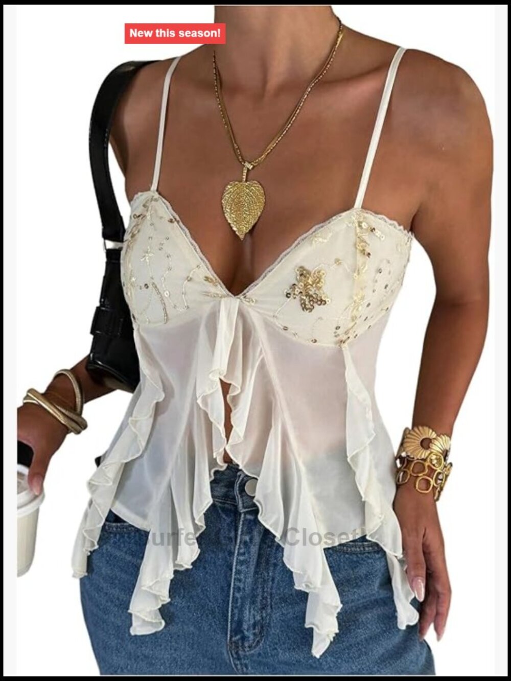 Sequin Ruffle Sheer Cami Top V-Neck Sleeveless Crop Tank